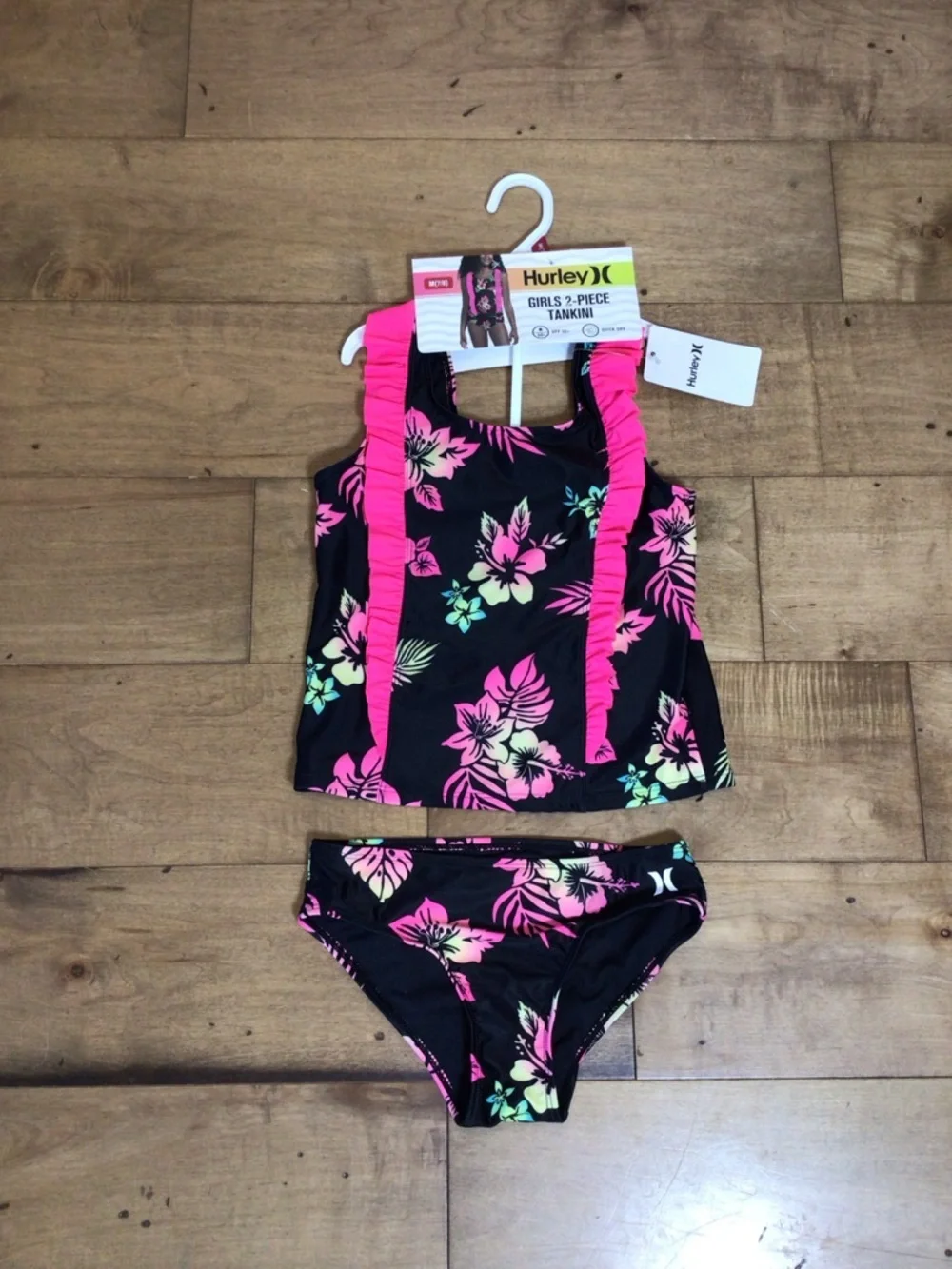 Hurley Girls 2-Piece Ruffle Black Tropical Floral Tankini Swim Set Size M 7-8